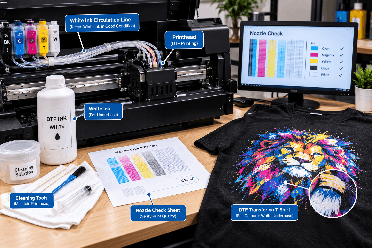 White ink in DTF printing with circulation system and printhead maintenance