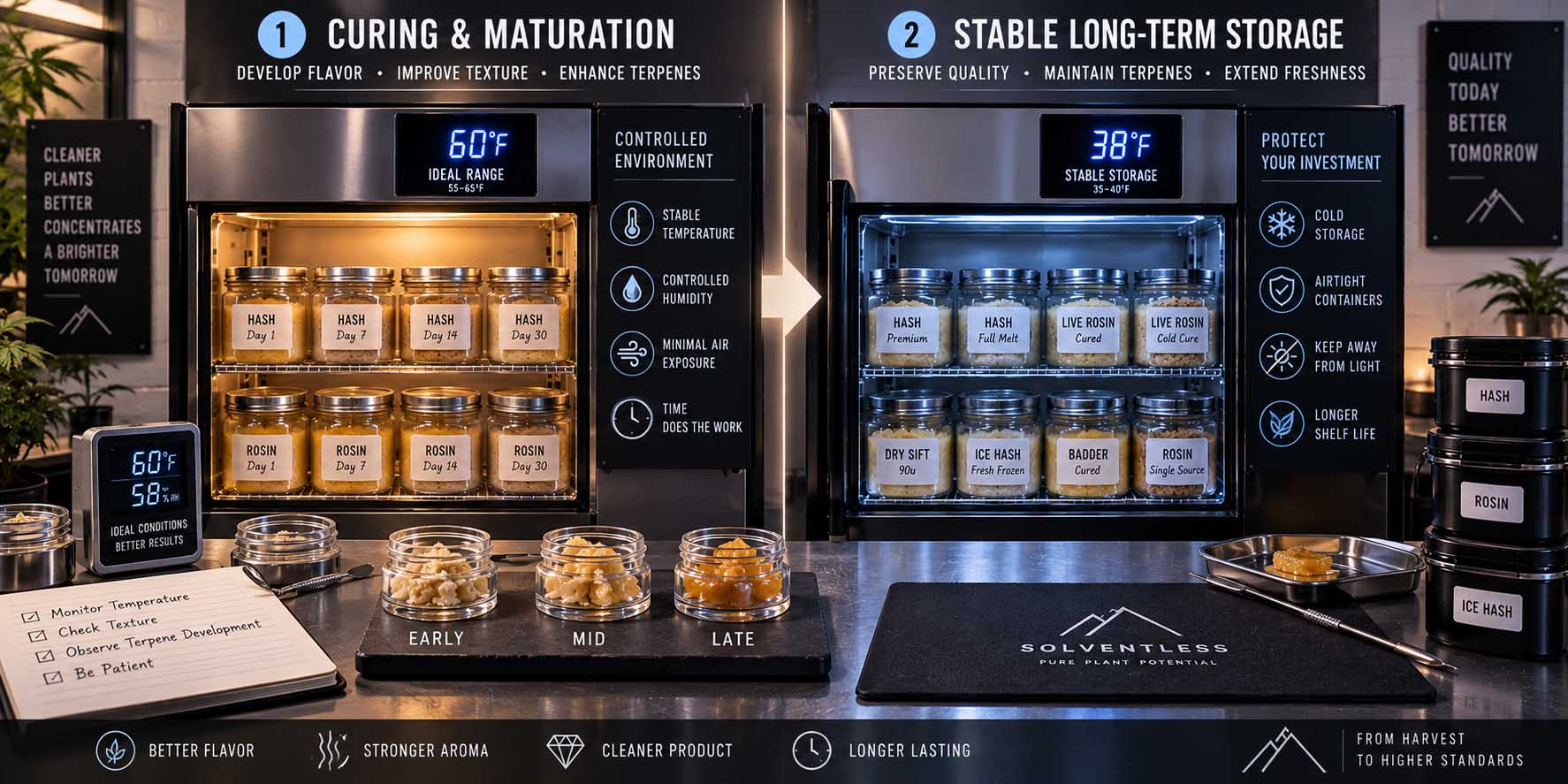 Curing vs storing cannabis concentrates in temperature-controlled equipment