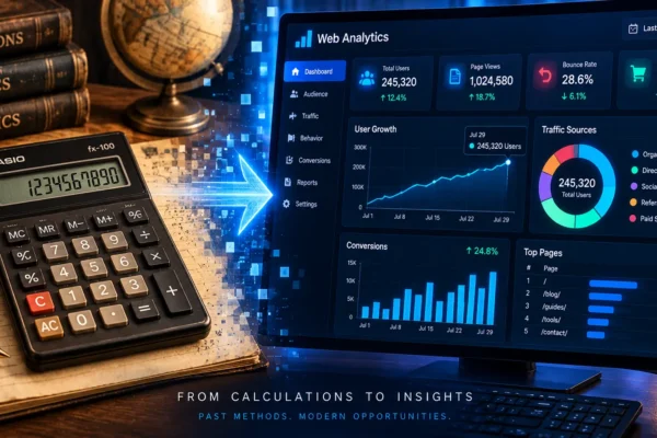 Vintage electronic device transitioning into a modern web analytics data grid