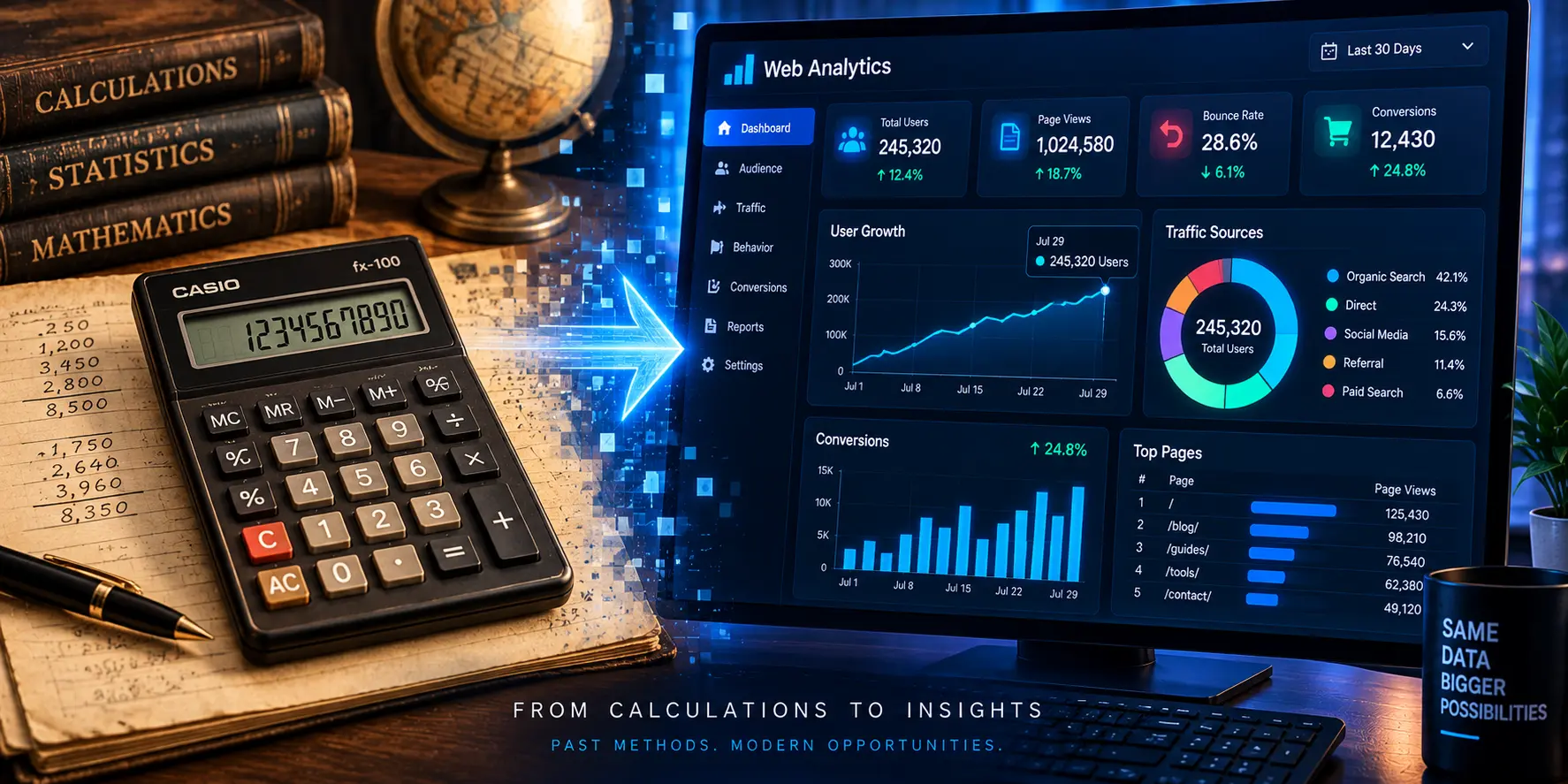 Vintage electronic device transitioning into a modern web analytics data grid