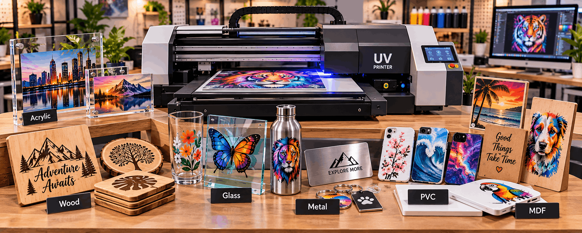 Materiais para impressão UV em acrílico, madeira, vidro e metal
