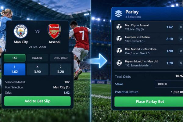 Single bet vs parlay comparison with independent and combined football selections