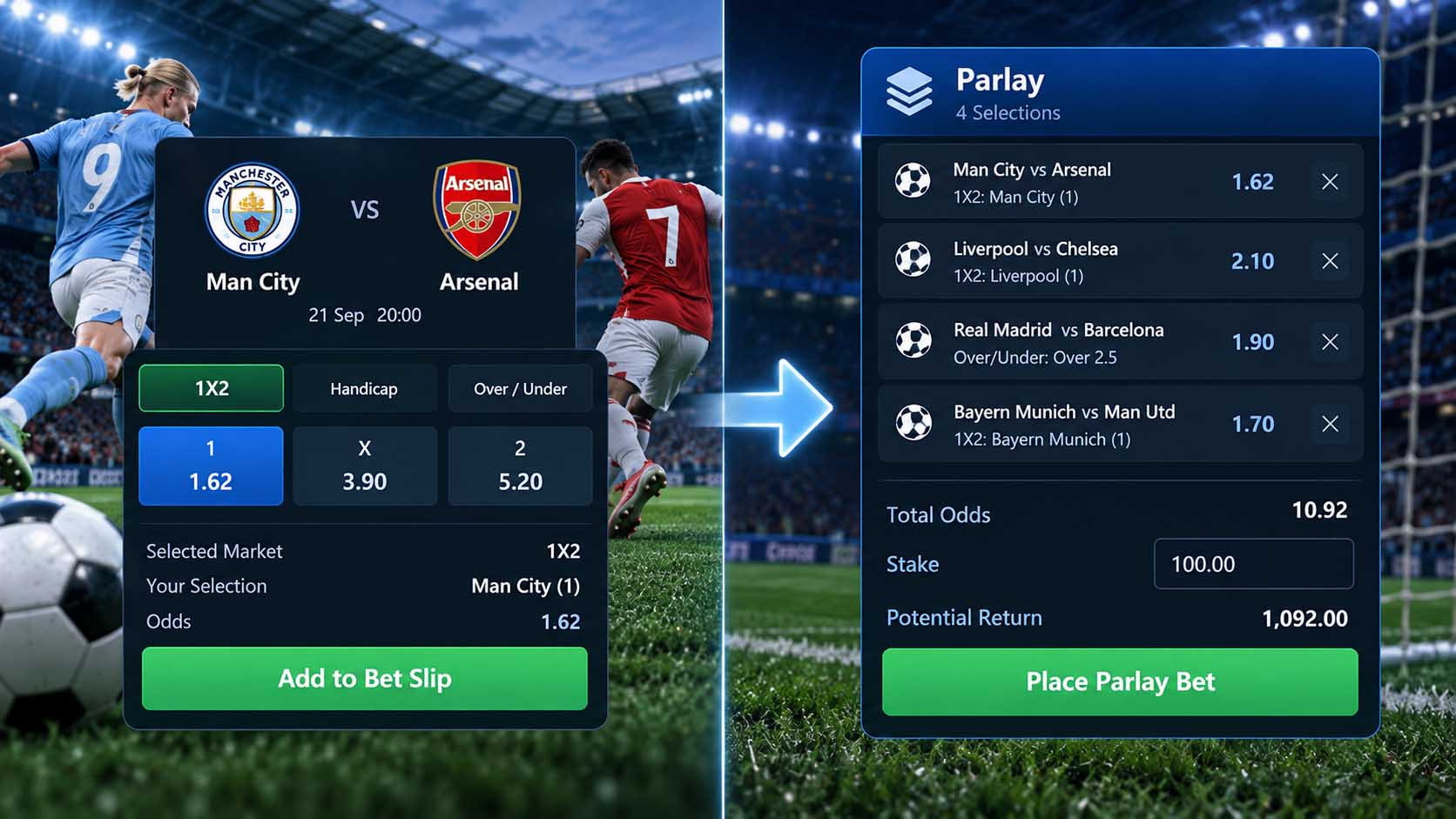Single bet vs parlay comparison with independent and combined football selections