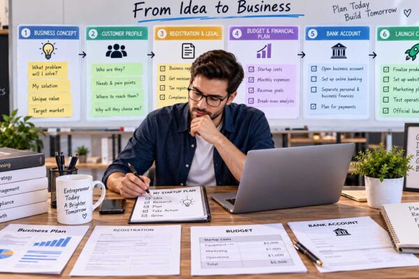 Starting a small business with planning, registration, and financial setup