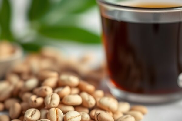 What is white coffee with pale roasted beans beside brewed coffee