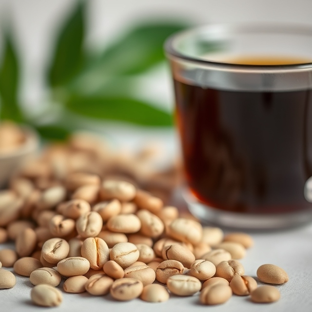 What is white coffee with pale roasted beans beside brewed coffee