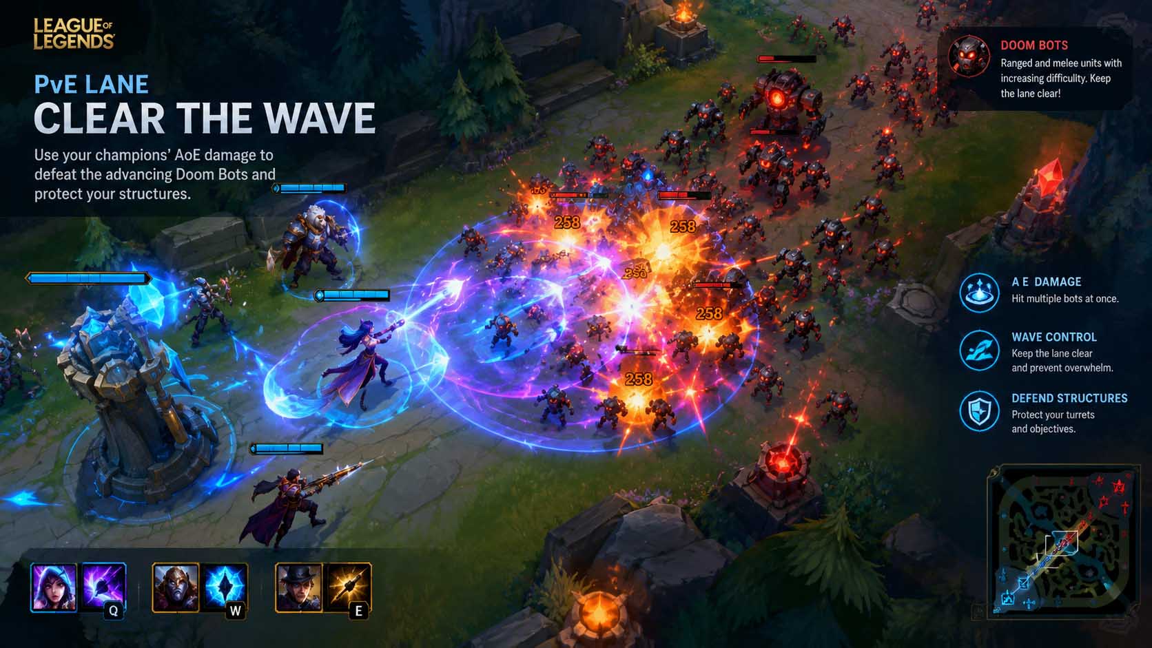 Doom Bots wave clear against a large incoming enemy wave