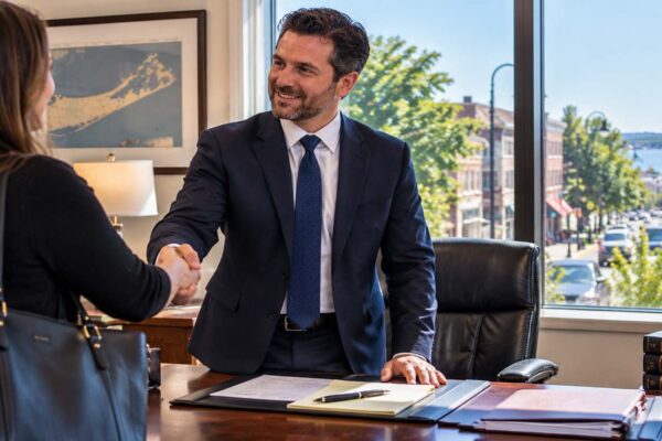 Attorney meeting a client seeking legal representation in Bay Shore.
