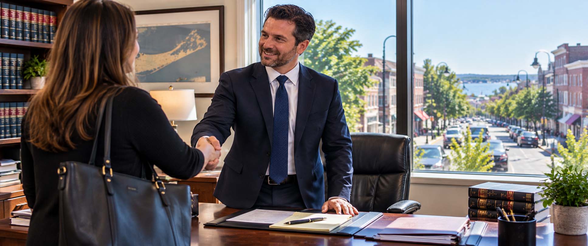 Attorney meeting a client seeking legal representation in Bay Shore.
