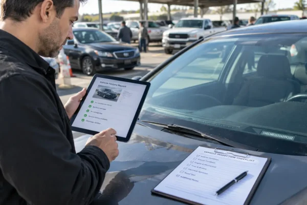 Buyer comparing a sedan's VIN with a digital report to check vehicle history before auction bidding.