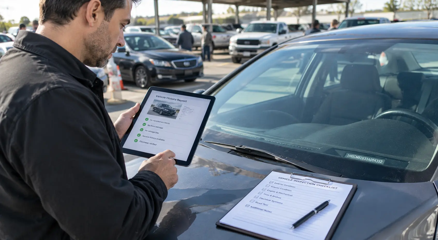 Buyer comparing a sedan's VIN with a digital report to check vehicle history before auction bidding.